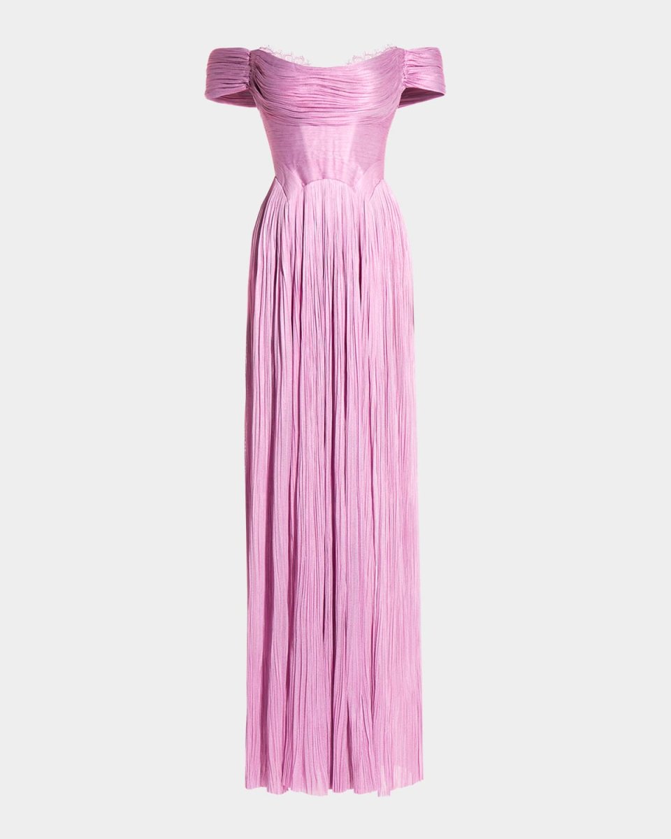 Sharon Off-The-Shoulder Metallic Plisse Gown